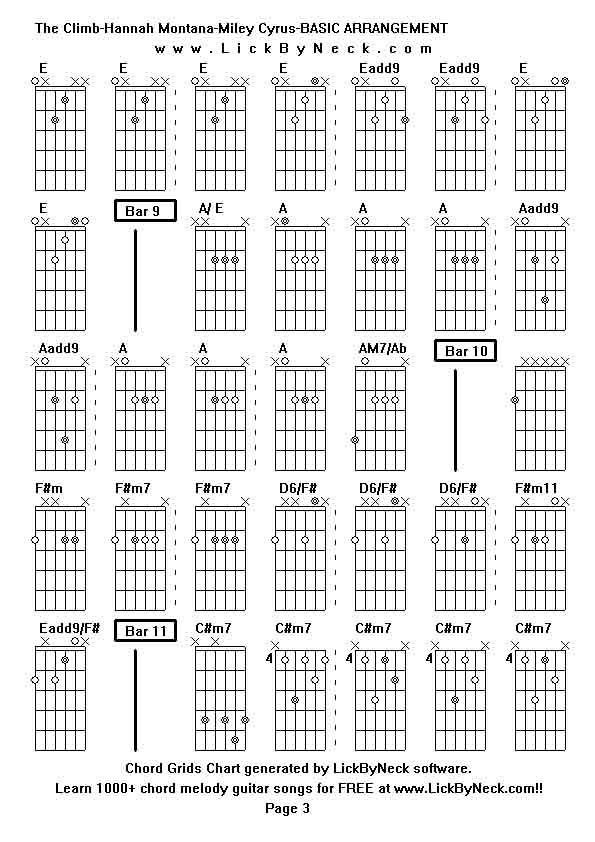 Chord Grids Chart of chord melody fingerstyle guitar song-The Climb-Hannah Montana-Miley Cyrus-BASIC ARRANGEMENT,generated by LickByNeck software.